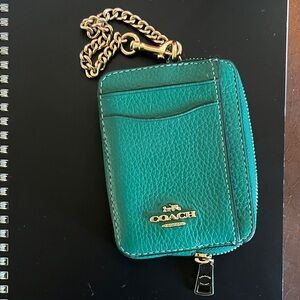 Coach Green Leather Card Holder with Gold Chain